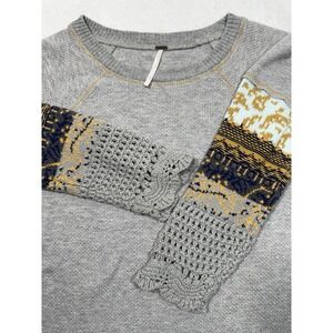 Free People In The Mix Cuff Gray Thermal Waffle Knit Shirt Top Sz M Boho Cottage